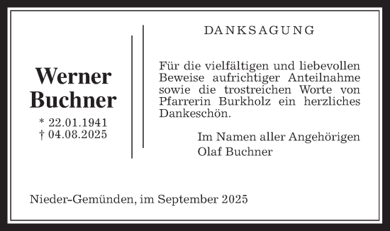 Traueranzeige von Werner Buchner von Giessener Allgemeine, Alsfelder Allgemeine