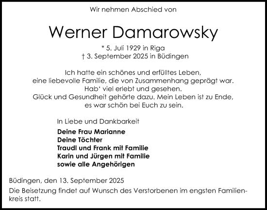 Traueranzeige von Werner Damarowsky von Kreis-Anzeiger