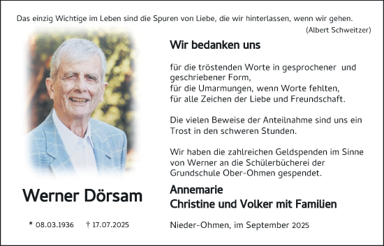 Traueranzeige von Werner Dörsam von Mücker Stimme, Giessener Allgemeine, Alsfelder Allgemeine