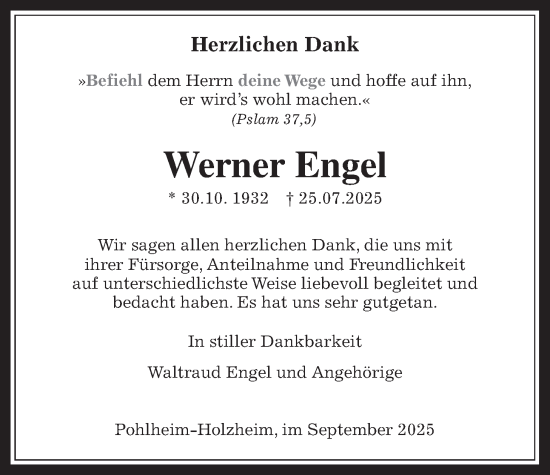 Traueranzeige von Werner Engel von Pohlheimer Nachrichten