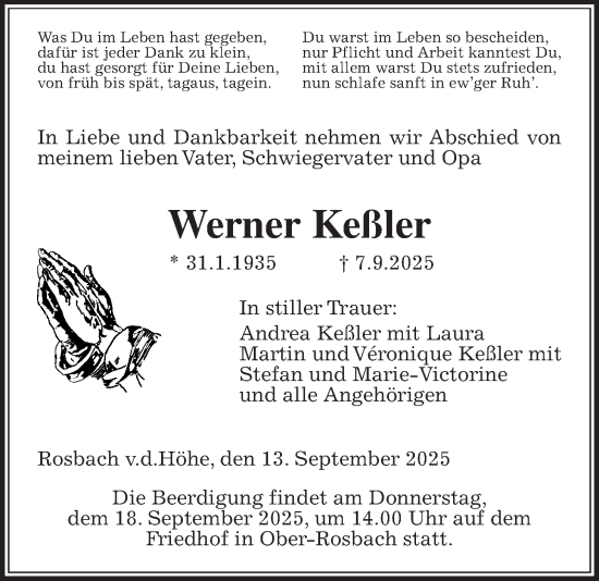 Traueranzeige von Werner Keßler von Wetterauer Zeitung