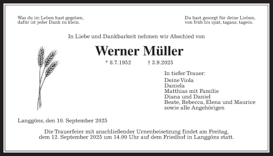 Traueranzeige von Werner Müller von Giessener Anzeiger