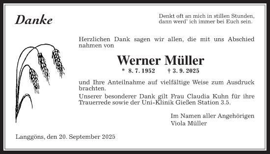 Traueranzeige von Werner Müller von Giessener Anzeiger