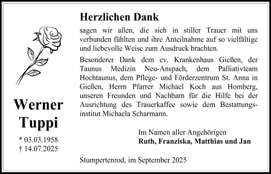 Traueranzeige von Werner Tuppi von Oberhessische Zeitung
