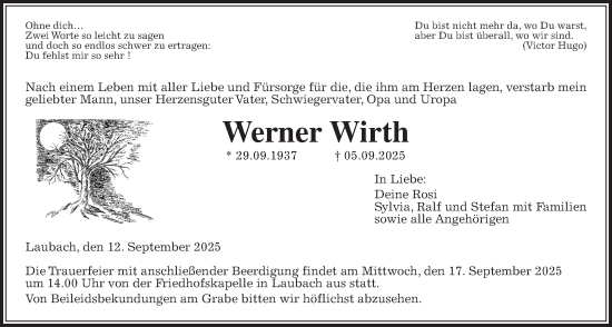 Traueranzeige von Werner Wirth von Giessener Anzeiger, Giessener Allgemeine, Alsfelder Allgemeine