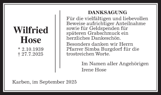 Traueranzeige von Wilfried Hose von Wetterauer Zeitung