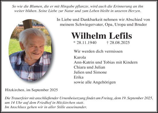 Traueranzeige von Wilhelm Lefils von Kreis-Anzeiger