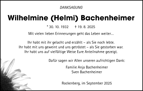 Traueranzeige von Wilhelmine Bachenheimer von Butzbacher Zeitung
