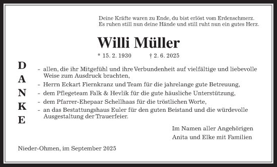 Traueranzeige von Willi Müller von Mücker Stimme, Oberhessische Zeitung