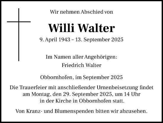Traueranzeige von Willi Walter von Giessener Allgemeine, Alsfelder Allgemeine