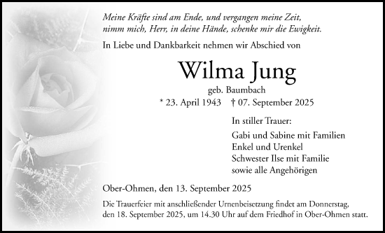 Traueranzeige von Wilma Jung von Oberhessische Zeitung, Alsfelder Allgemeine