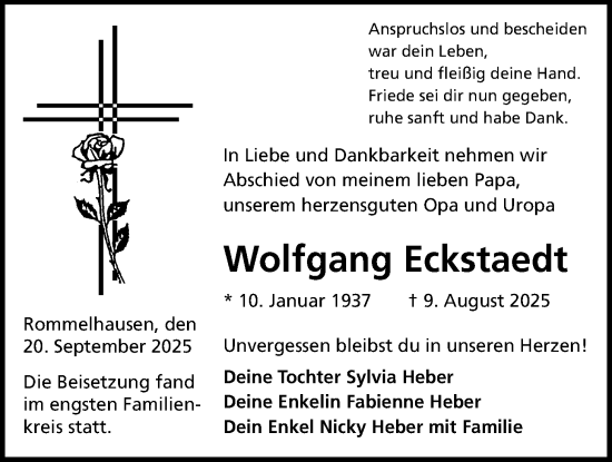 Traueranzeige von Wolfgang Eckstaedt von Kreis-Anzeiger