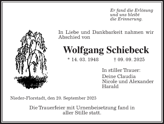 Traueranzeige von Wolfgang Schiebeck von Wetterauer Zeitung