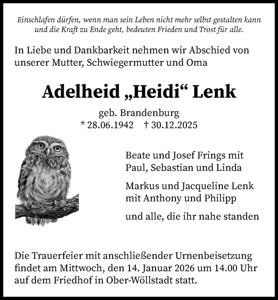 Traueranzeige von Adelheid Lenk von Wetterauer Zeitung