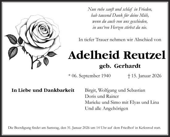 Traueranzeige von Adelheid Reutzel von Kreis-Anzeiger