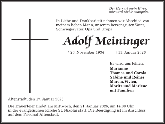 Traueranzeige von Adolf Meininger von Kreis-Anzeiger