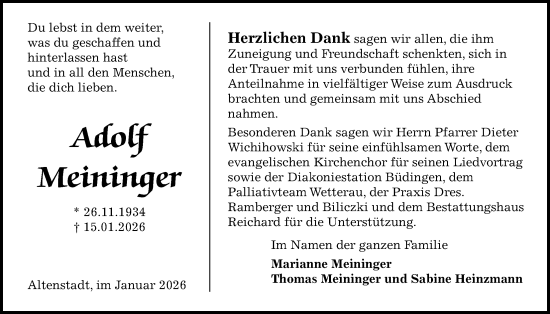 Traueranzeige von Adolf Meininger von Kreis-Anzeiger