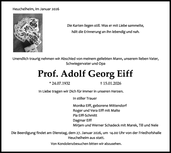 Traueranzeige von Adolf Georg Eiff von Giessener Anzeiger, Giessener Allgemeine, Alsfelder Allgemeine