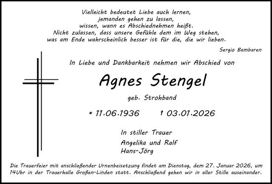 Traueranzeige von Agnes Stengel von Giessener Anzeiger, Giessener Allgemeine, Alsfelder Allgemeine