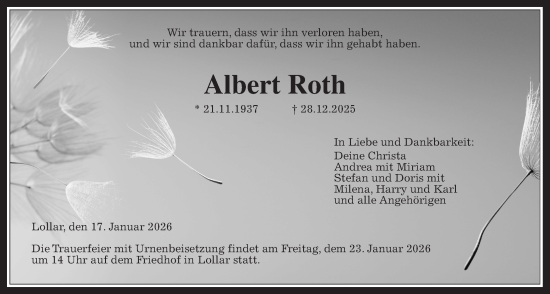 Traueranzeige von Albert Roth von Giessener Anzeiger