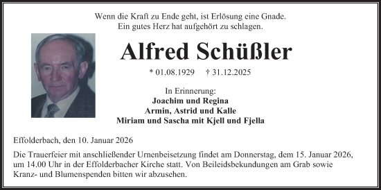 Traueranzeige von Alfred Schüßler von Kreis-Anzeiger