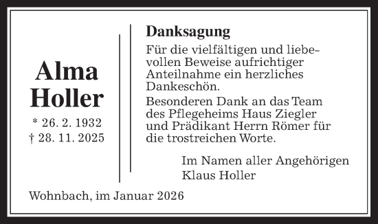 Traueranzeige von Alma Holler von Wetterauer Zeitung