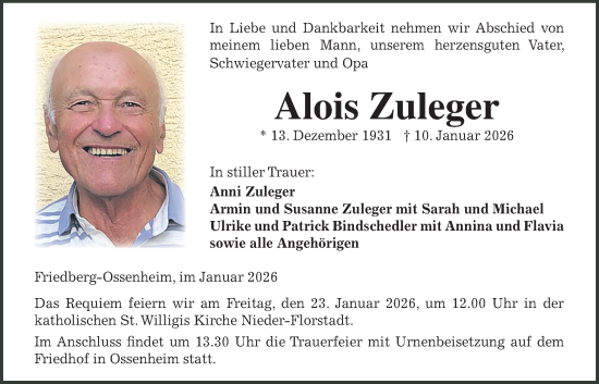 Traueranzeige von Alois Zuleger von Wetterauer Zeitung