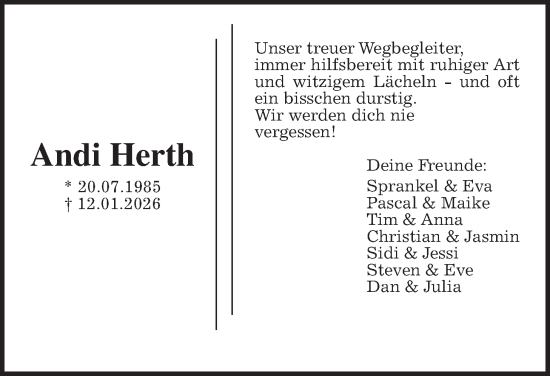 Traueranzeige von Andi Herth von Butzbacher Zeitung