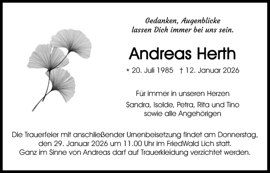 Traueranzeige von Andreas Herth von Butzbacher Zeitung