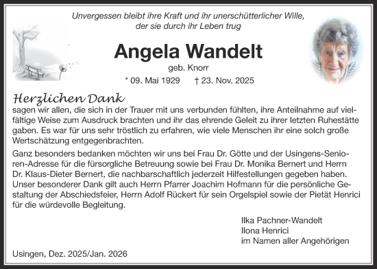 Traueranzeige von Angela Wandelt von Usinger Anzeiger, Usinger Anzeigenblatt