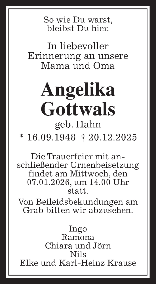 Traueranzeige von Angelika Gottwals von Kreis-Anzeiger