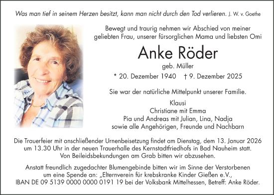 Traueranzeige von Anke Röder von Wetterauer Zeitung