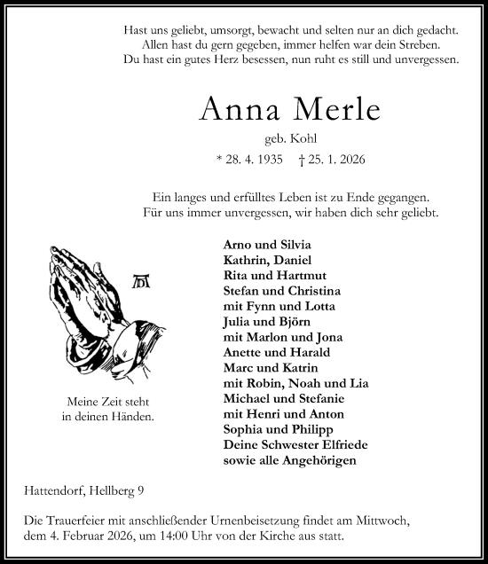 Traueranzeige von Anna Merle von Oberhessische Zeitung