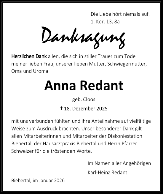 Traueranzeige von Anna Redant von Giessener Allgemeine, Alsfelder Allgemeine