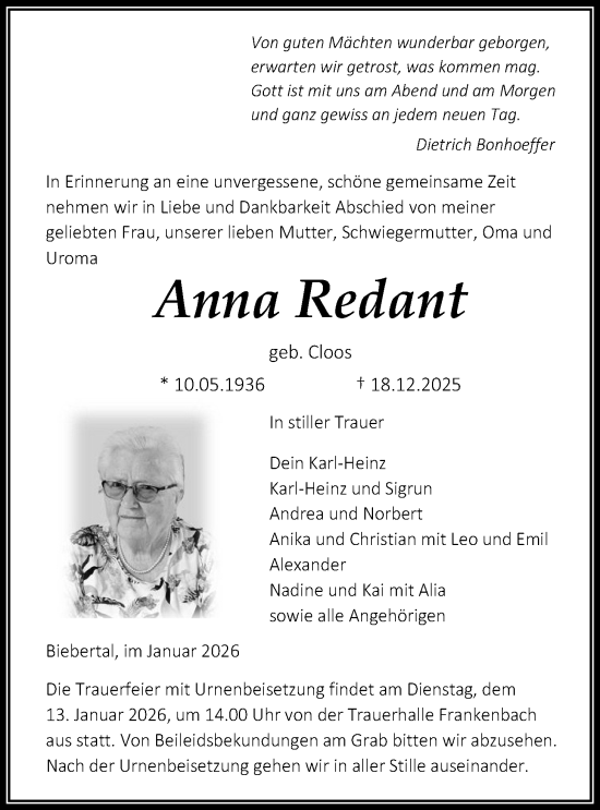 Traueranzeige von Anna Redant von Giessener Allgemeine, Alsfelder Allgemeine