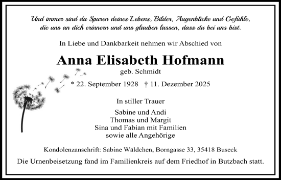 Traueranzeige von Anna Elisabeth Hofmann von Butzbacher Zeitung