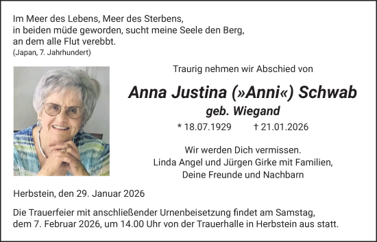 Traueranzeige von Anna Justina Schwab von Lauterbacher Anzeiger