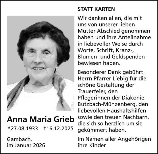 Traueranzeige von Anna Maria Grieb von Butzbacher Zeitung