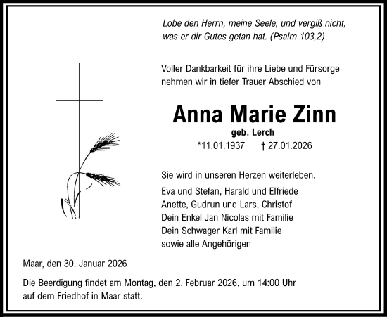 Traueranzeige von Anna Marie Zinn von Lauterbacher Anzeiger