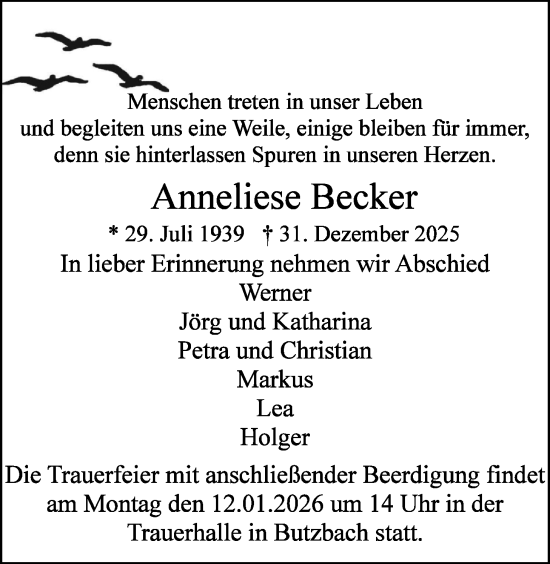 Traueranzeige von Anneliese Becker von Butzbacher Zeitung