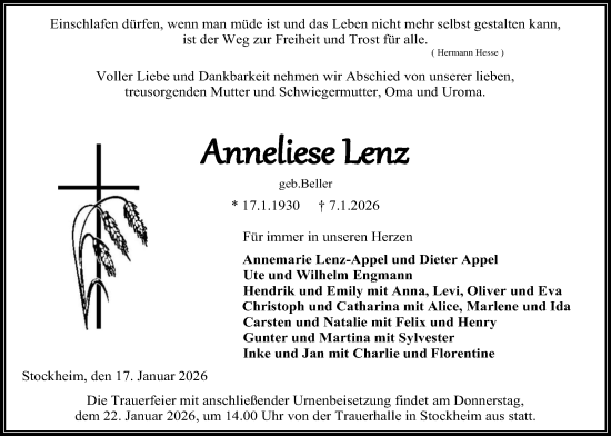 Traueranzeige von Anneliese Lenz von Kreis-Anzeiger