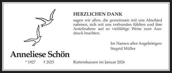 Traueranzeige von Anneliese Schön von Giessener Anzeiger, Giessener Allgemeine, Alsfelder Allgemeine