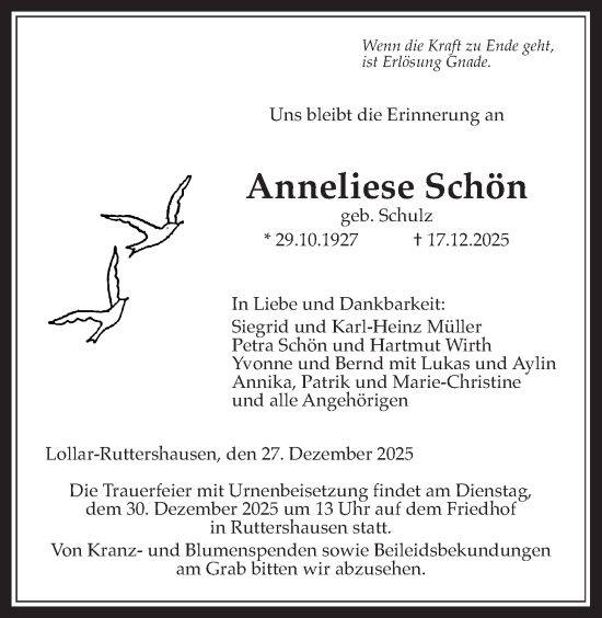 Traueranzeige von Anneliese Schön von Giessener Allgemeine, Alsfelder Allgemeine, Giessener Anzeiger, Giessener Allgemeine, Alsfelder Allgemeine, Giessener Anzeiger