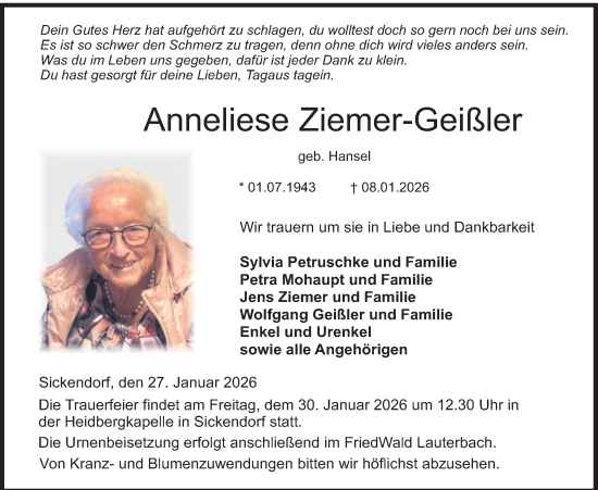 Traueranzeige von Anneliese Ziemer-Geißler von Lauterbacher Anzeiger