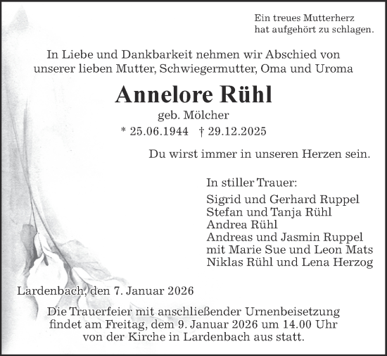 Traueranzeige von Annelore Rühl von Giessener Allgemeine, Alsfelder Allgemeine