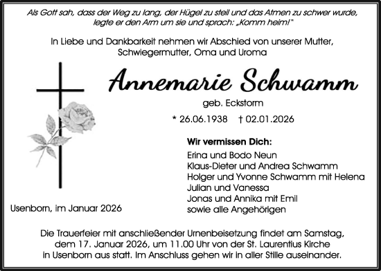 Traueranzeige von Annemarie Schwamm von Kreis-Anzeiger
