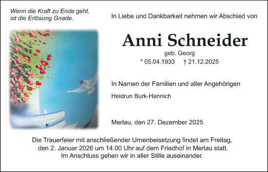 Traueranzeige von Anni Schneider von Giessener Allgemeine, Alsfelder Allgemeine, Giessener Allgemeine, Alsfelder Allgemeine