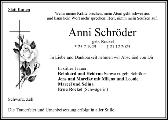 Traueranzeige von Anni Schröder von Oberhessische Zeitung