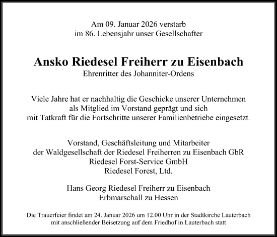 Traueranzeige von Ansko Riedesel Freiherr zu Eisenbach 