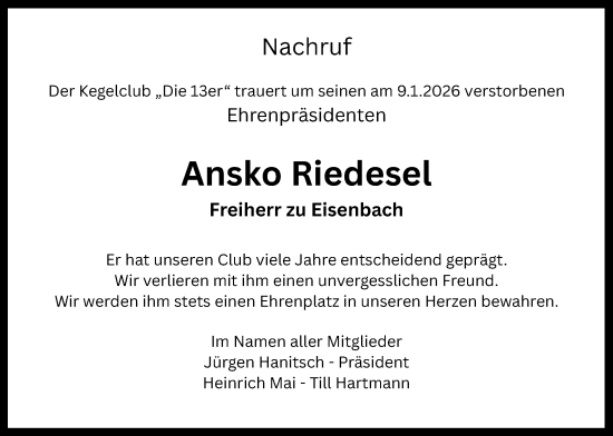 Traueranzeige von Ansko Riedesel Freiherr zu Eisenbach von Lauterbacher Anzeiger
